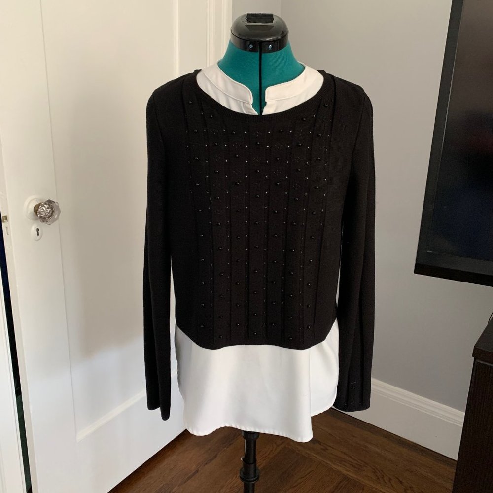 WHBM Layered Black and White Long-Sleeved Blouse with Beads